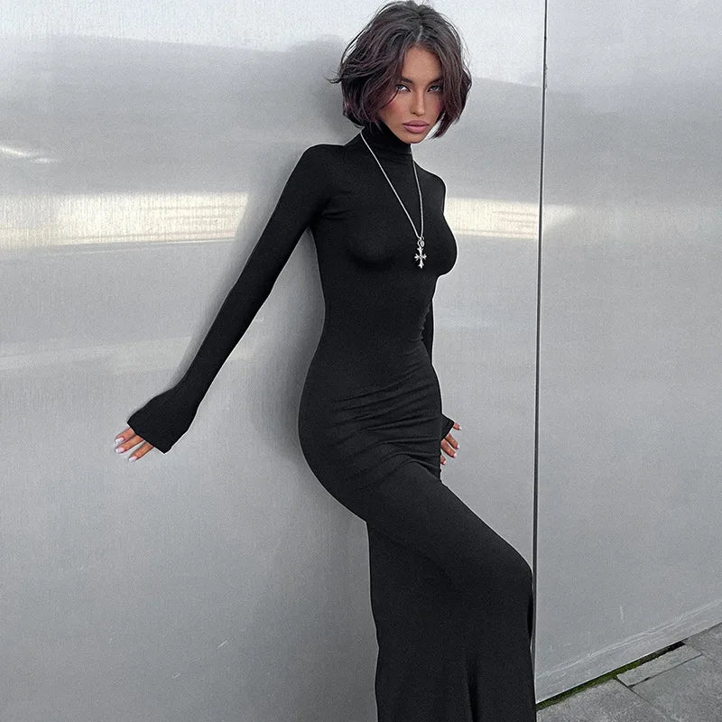 Women Turtleneck Elegant Long Sleeve Bodycon Maxi Evening Dress