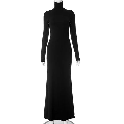 Women Turtleneck Elegant Long Sleeve Bodycon Maxi Evening Dress