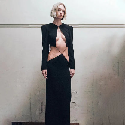 Women Fashion Black Cut Out Bandage Long Sleeve Plunge Maxi Dress Gown