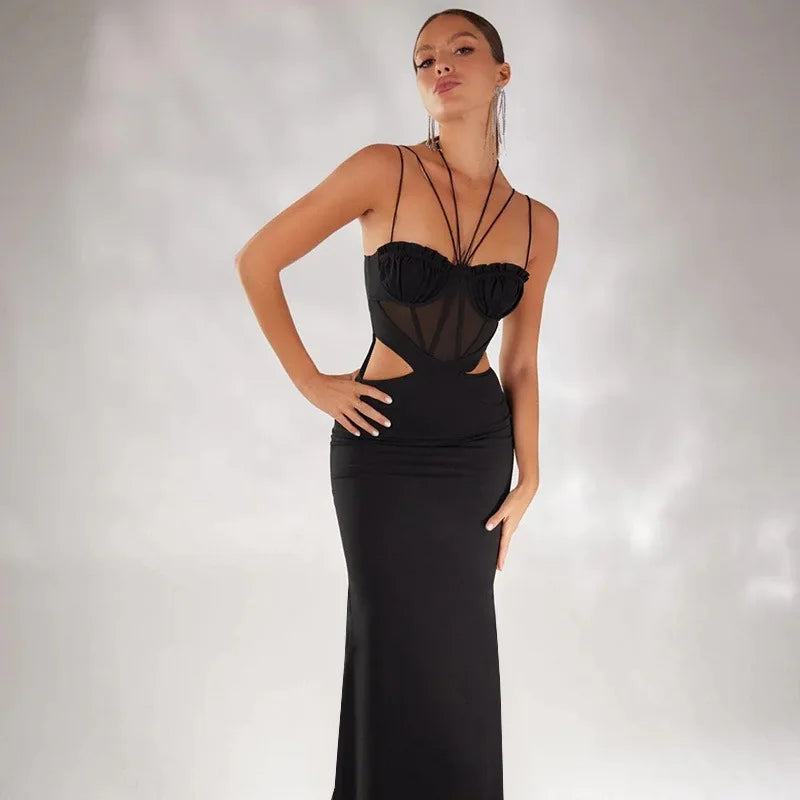 Women Fashion Cut Out Mesh Sheer Maxi Sleeveless Halter Dress Gown