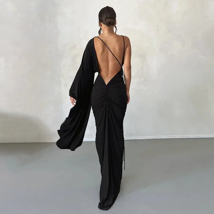 Women Fashion Draped Deep V Backless Maxi One Shoulder Slip Ruched Dress