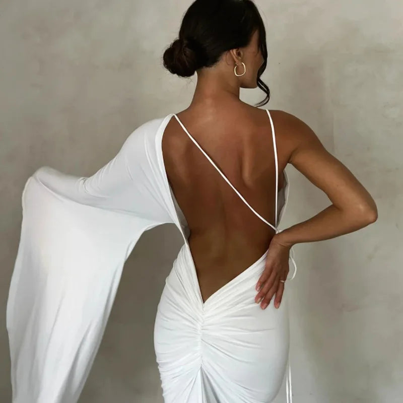 Women Fashion Draped Deep V Backless Maxi One Shoulder Slip Ruched Dress