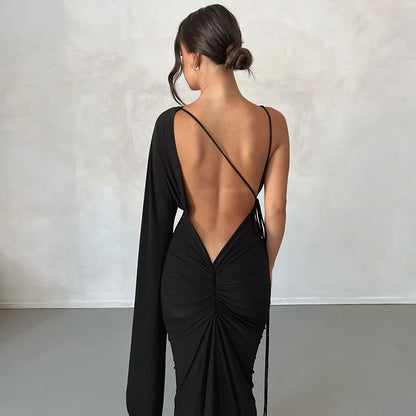 Women Fashion Draped Deep V Backless Maxi One Shoulder Slip Ruched Dress