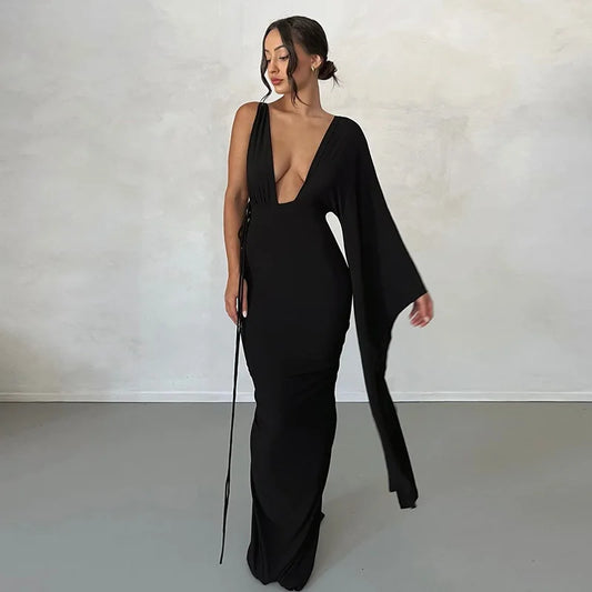 Women Fashion Draped Deep V Backless Maxi One Shoulder Slip Ruched Dress