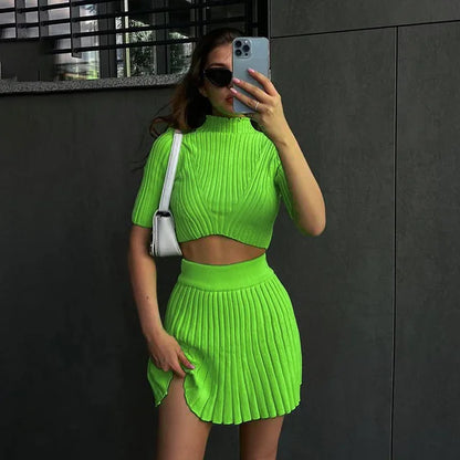 Women Fashion Knitted Pleated Mini Skirts Tops Matching Sets