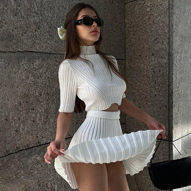 Women Fashion Knitted Pleated Mini Skirts Tops Matching Sets