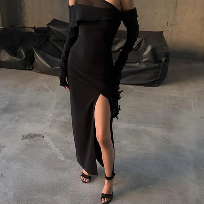 Women Fashion One Shoulder Split Long Mesh Patchwork Black Party Dress