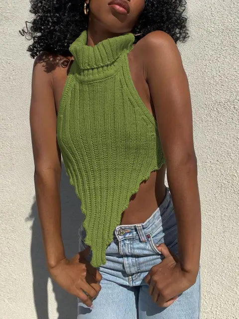 Sexy Knitted Turtleneck Sleeveless Backless Tanks Cropped Party Tops