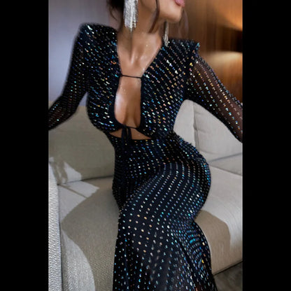 Women Fashion Sequins Tie Front Party Club Long Sleeve Bandage Maxi Dress