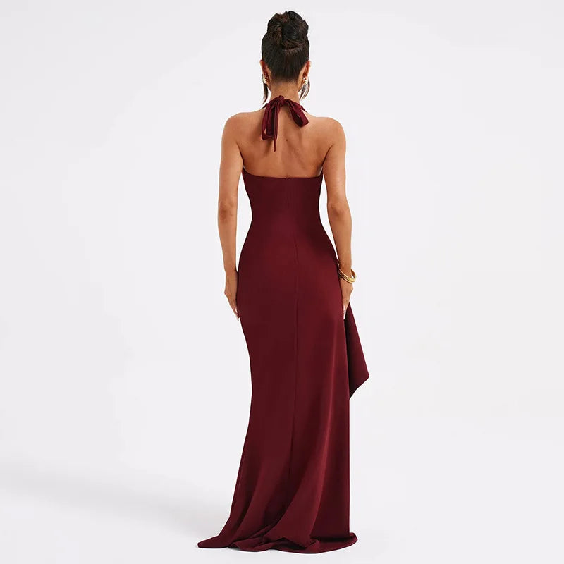 Women Fashion Halter V Neck Split Long Party Backless Maxi Dress