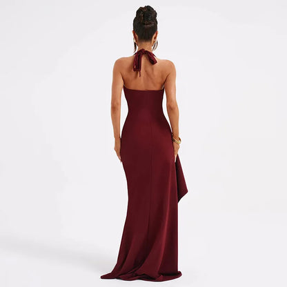 Women Fashion Halter V Neck Split Long Party Backless Maxi Dress