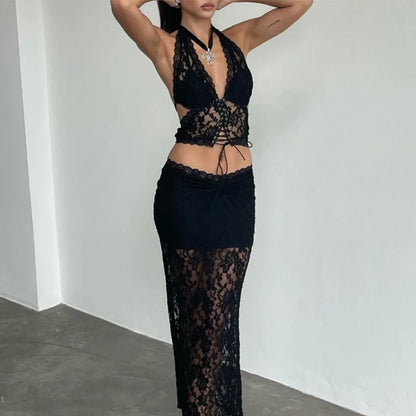 Two Piece Women Halter Sheer Lace Fashion Matching Tops+ Skirts Suits