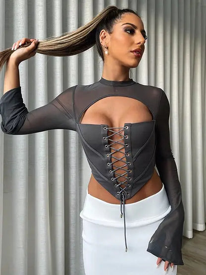 Women Lace Up Bandage Corset Long Sleeve Backless Mesh Sheer Flare Sleeve Crop Tops