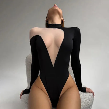 Women Long Sleeve Sexy Mesh Sheer One Piece Irregular High Rise Bodysuit