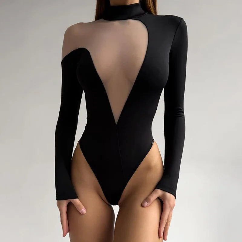 Women Long Sleeve Sexy Mesh Sheer One Piece Irregular High Rise Bodysuit