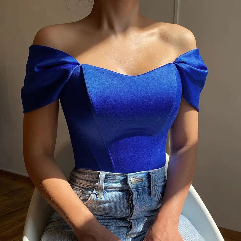 Women Off Shoulder Satin Backless Bustier Sleeveless Corset Crop Tops