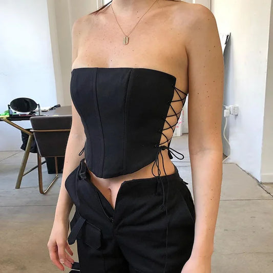 Women Off Shoulder Strapless Lace Up Bustier Corset Cropped Tops