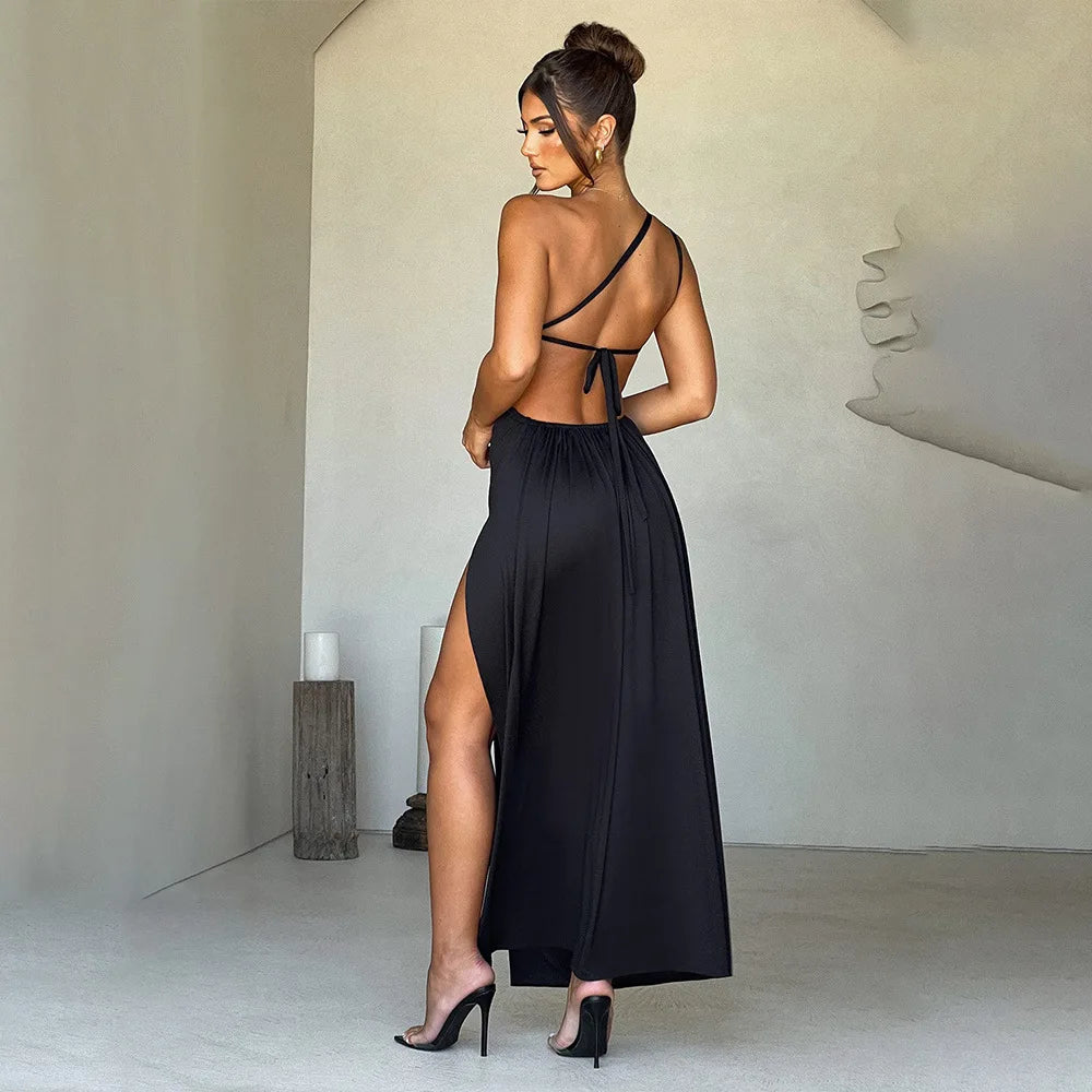 Women One Shoulder Split Maxi Party Ruched Backless Tie Detail Dress