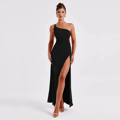 Women One Shoulder Split Maxi Party Ruched Backless Tie Detail Dress