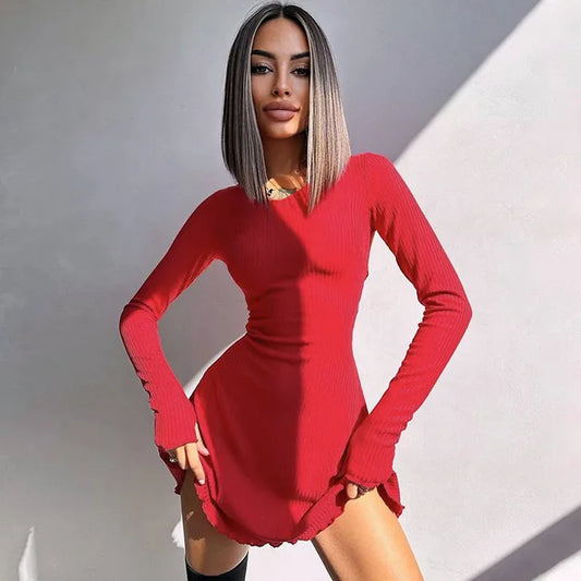 Women Solid Knitted Long Sleeve Bandage A-Line Plunge Mini Dress