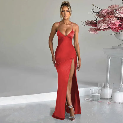 Women Spaghetti Strap Slip Maxi Split Backless Bandage Gown Dress