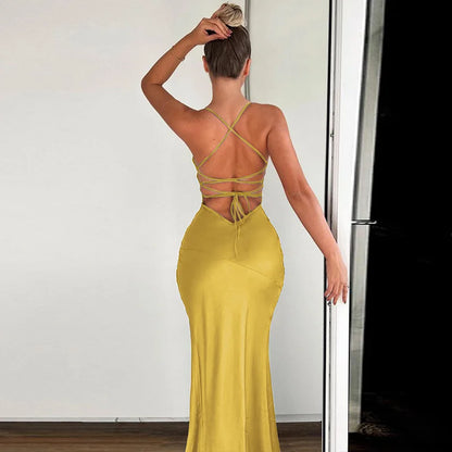 Women Spaghetti Strap Slip Maxi Split Backless Bandage Gown Dress