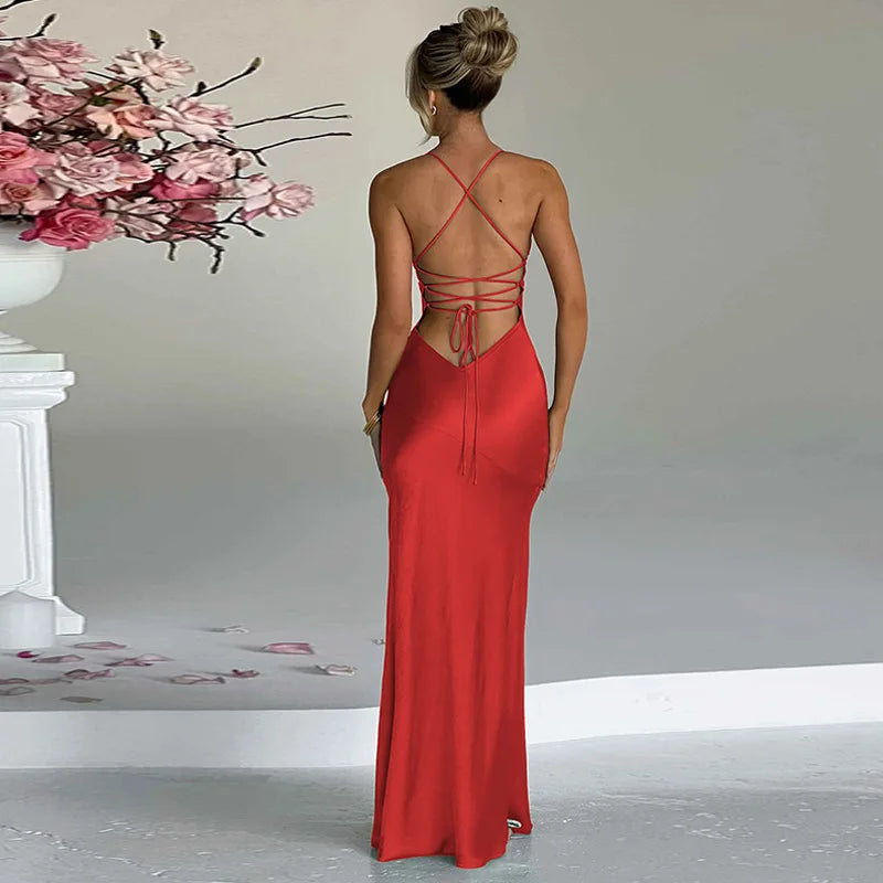 Women Spaghetti Strap Slip Maxi Split Backless Bandage Gown Dress