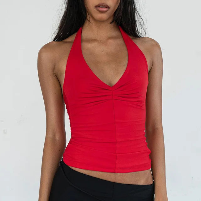 Women Tie Twisted Halter V Neck Backless Cropped Y2K Tank Tops Tees