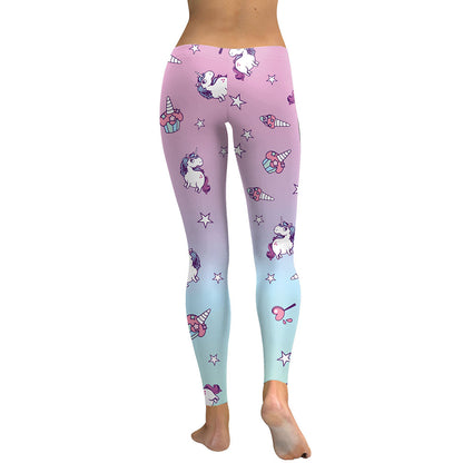 Women Unicorn Star Ice Cream Digital Print Workout Leggings Slim Pants