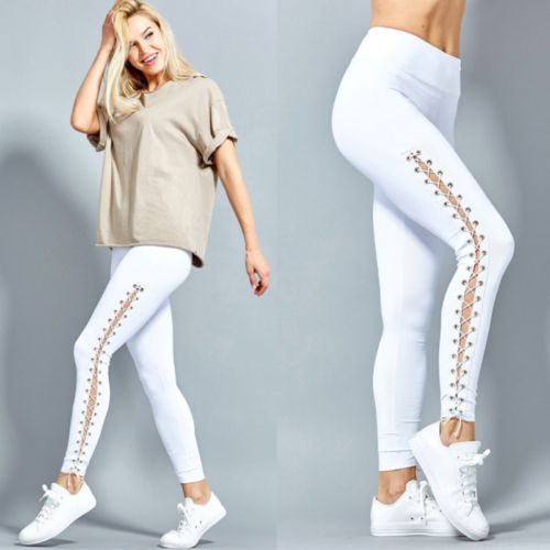 Women High Waist Fitness Lace Up Black White Solid Leggings Pant Trousers