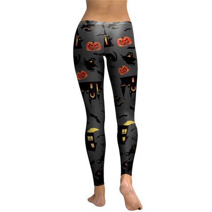 Women Haunt the House Halloween Pumpkins Lantern Elastic Digital Printed Workout Leggings Pants