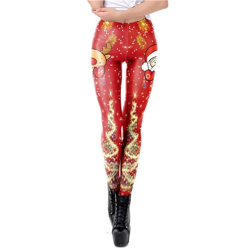 Women Santa Claus Plus Size Christmas Shiny Tree Elk Festival Fitness Legging Pant