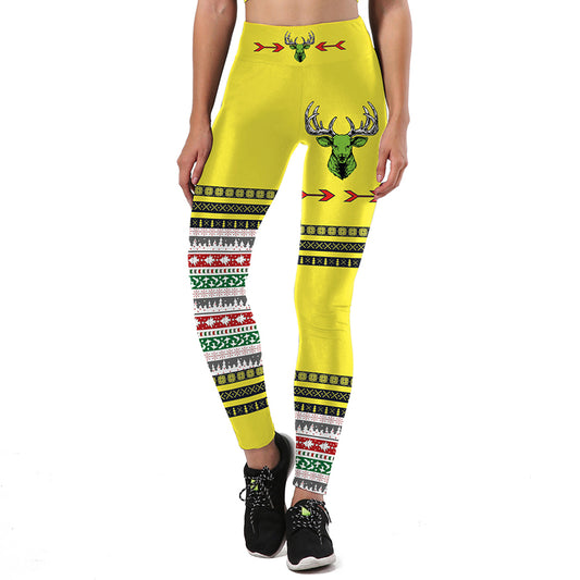 Women Sporting Ugly Christmas Animal Sika Deer 3D Printed High Waist Trousers Pants Leggings