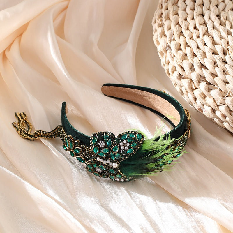 Women Colorful butterfly rhinestone tassel feather headband headwear