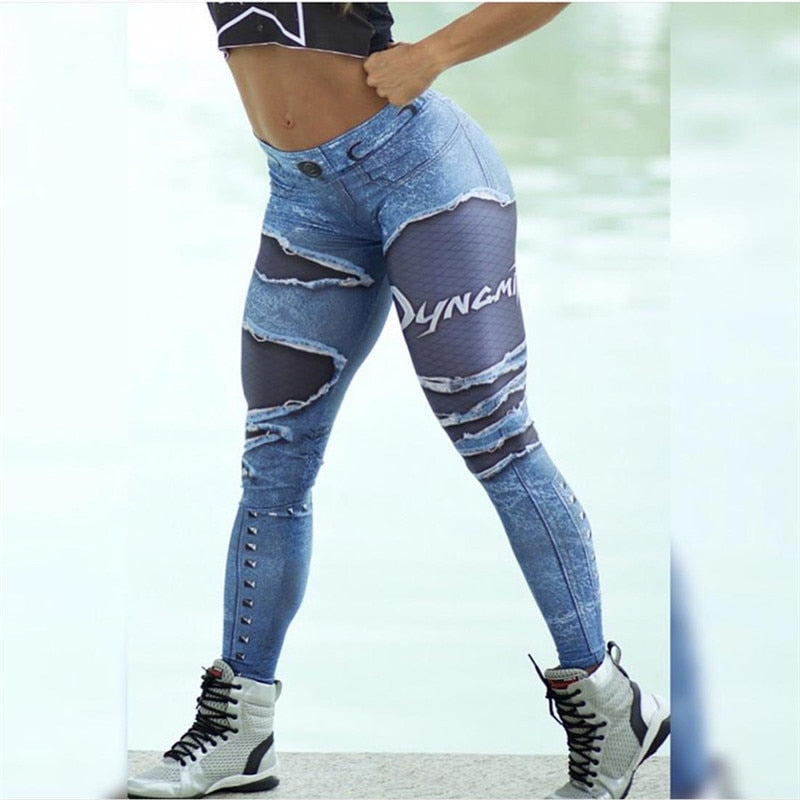 Women 3D Printed False Denim Blue Mesh Elastic Workout Legging Pants