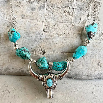 Women Ethnic Turquoise Cow Tauren Cross Long Pendant Necklace