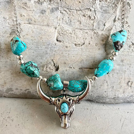 Women Ethnic Turquoise Cow Tauren Cross Long Pendant Necklace