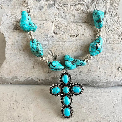 Women Ethnic Turquoise Cow Tauren Cross Long Pendant Necklace