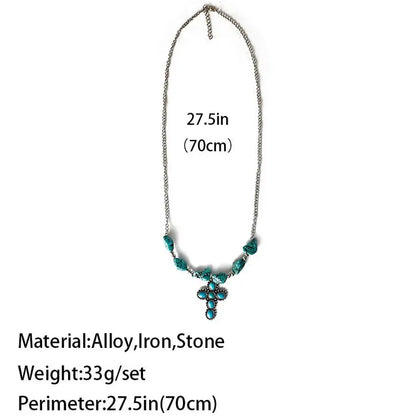 Women Ethnic Turquoise Cow Tauren Cross Long Pendant Necklace