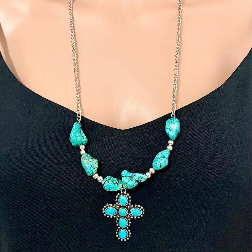 Women Ethnic Turquoise Cow Tauren Cross Long Pendant Necklace