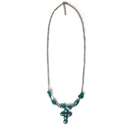 Women Ethnic Turquoise Cow Tauren Cross Long Pendant Necklace