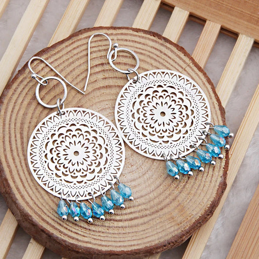 Women Fashion Flower Hollowed Out Round Piece Blue Crystal Tassel Earrings