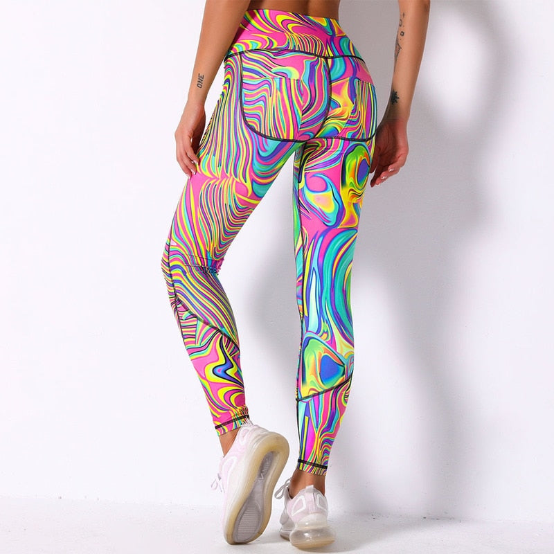 Sexy Colorful Printed Fitness High Waist Push Up Sport Seamless Gym Pants Leggings