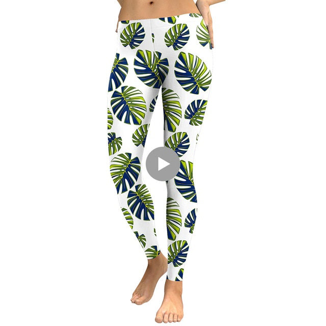 Women Tree Leaf Fresh Tropical Digital Print High Waist Workout Leggings Pants