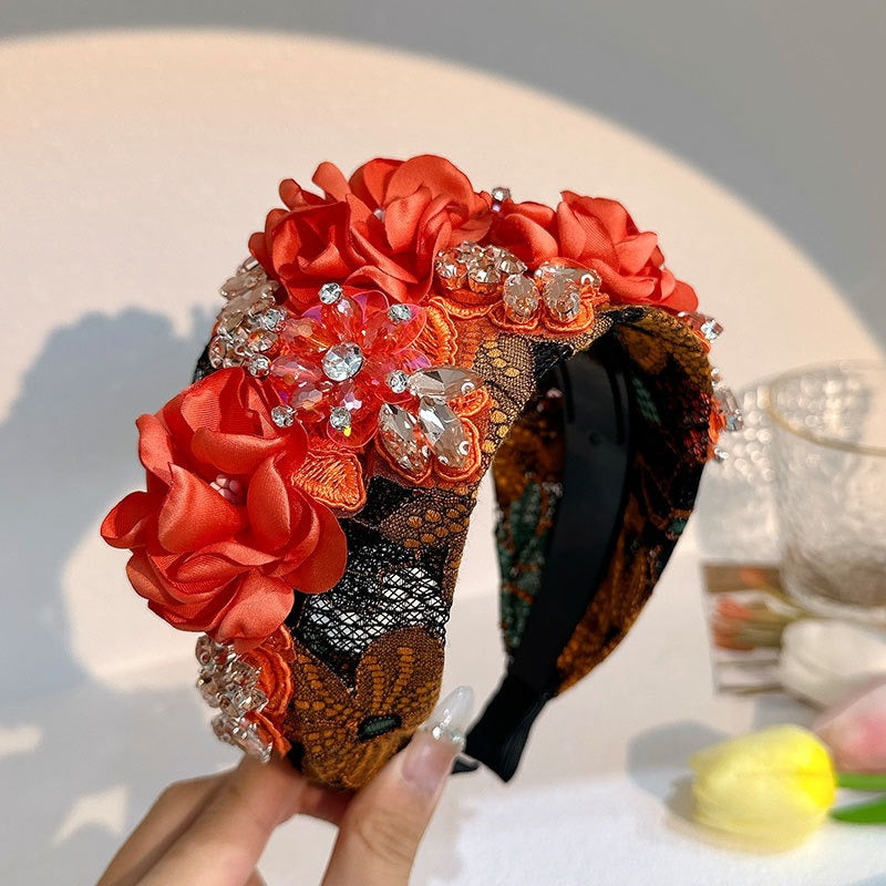 Women Handmade Fabric Fower Fashion Inlaid Water Drill Bit Headband