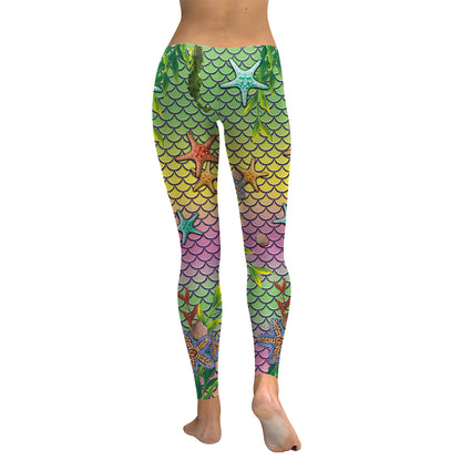 Women Mermaid Ocean Starfish Fish Scales Digital Print Leggings Workout Pants