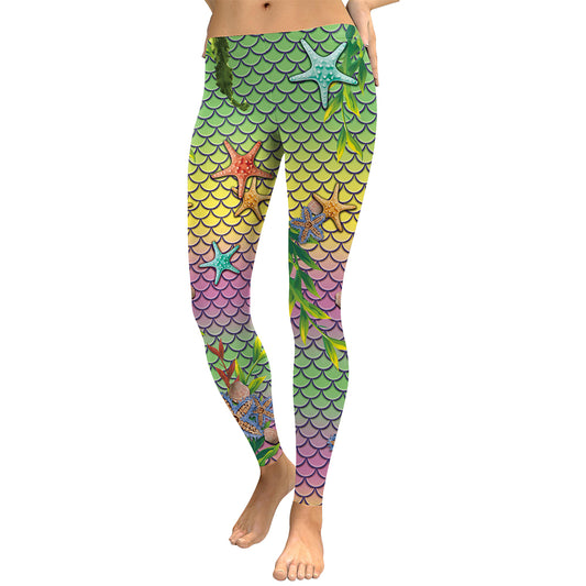 Women Mermaid Ocean Starfish Fish Scales Digital Print Leggings Workout Pants