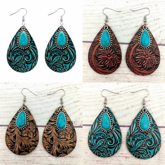 Women Flower Embossed Leather Print Pattern Wood Turquoise Teardrop Earrings