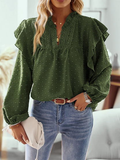 Women Ruffled Lantern Sleeve Lace Panel Shirt Tops Shirt