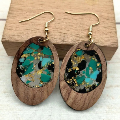 Women Handmade Gold Flake Teal Resin Oval Walnut Wood Earrings